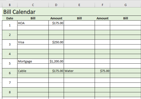 Digital Monthly Bill Calendar