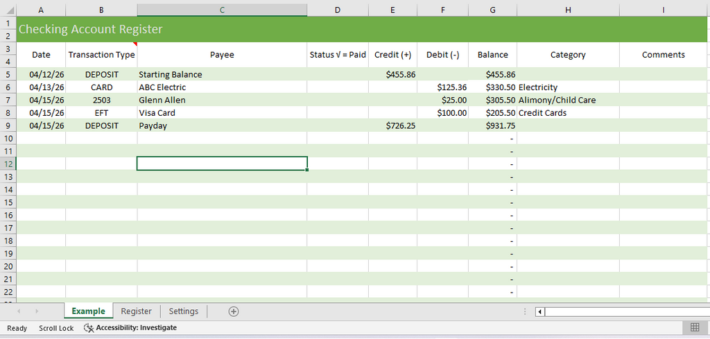 Digital Checkbook Register