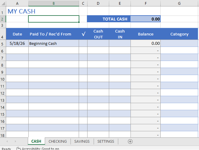 Starter Financial Register - Checking, Savings, Cash