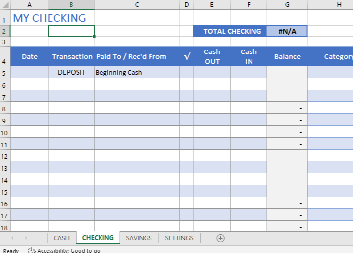 Starter Financial Register - Checking, Savings, Cash