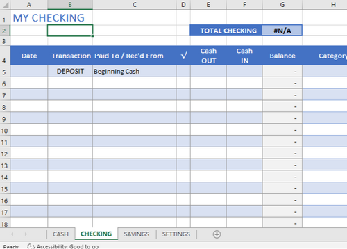 Starter Financial Register - Checking, Savings, Cash